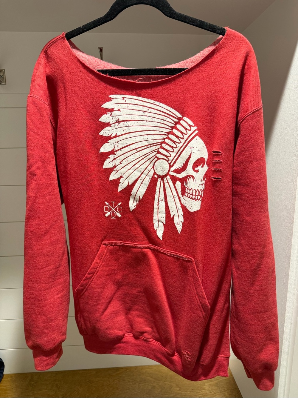 Red Graphic Sweatshirt with White Native Skull Print